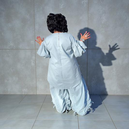 Denim High-Low Puff Sleeve Top