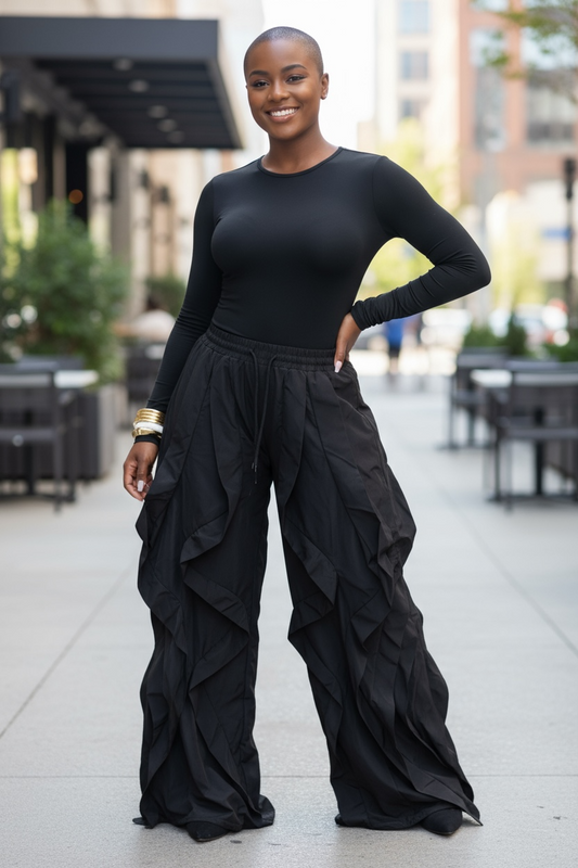 Black Destiny Drawstring Ruffle Pants
